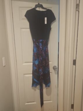 White House Black Market Black Dress with Blue and Pink Asymmetrical Hem
